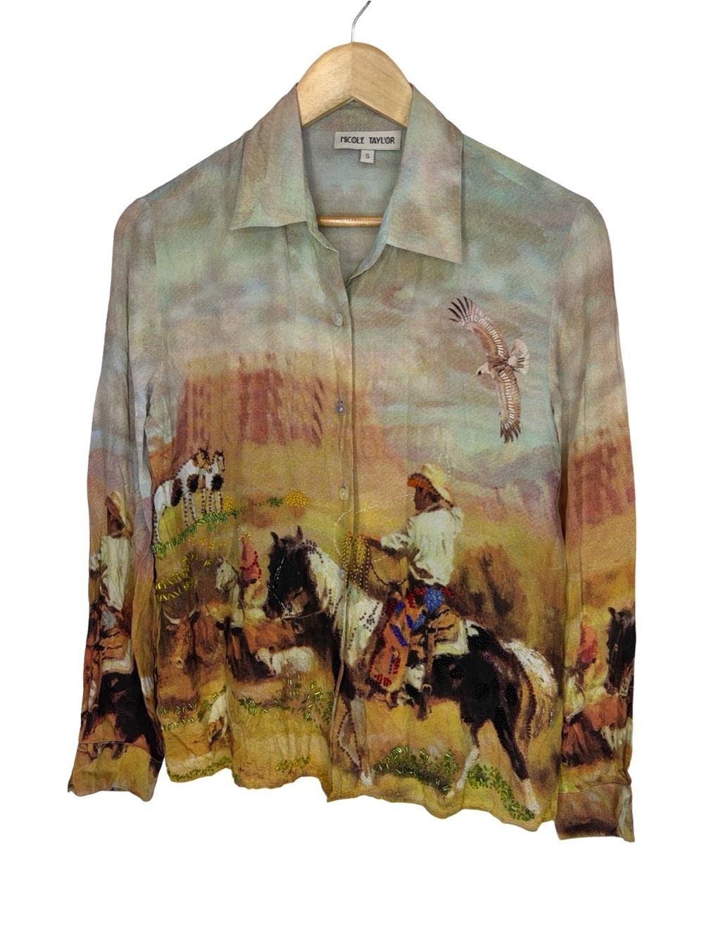 Nicole Taylor women’s western beaded silk button up shirt small